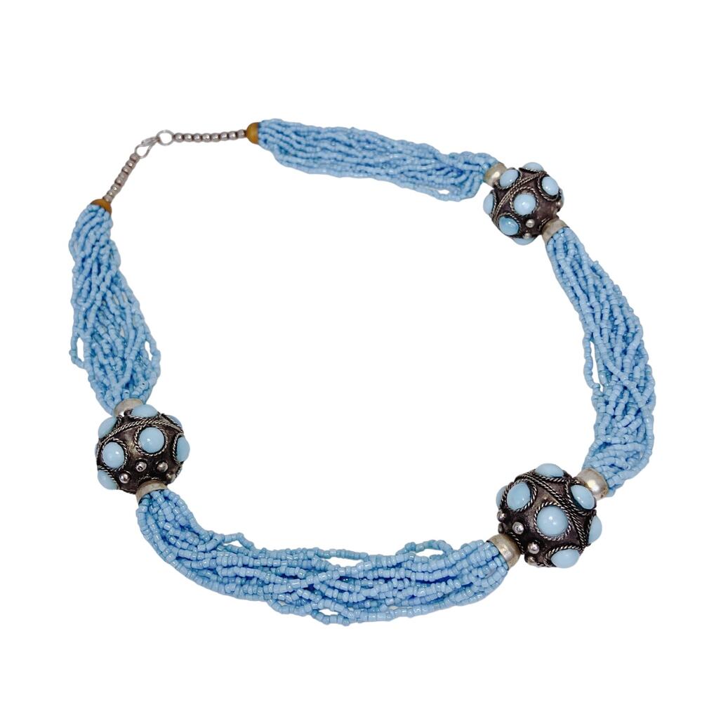 Vintage Blue Seed Bead Necklace, Retro Boho Silver Tone Faux Turquoise Cabochons